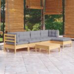 6 Piece Garden Lounge Set with Grey Cushions Pinewood