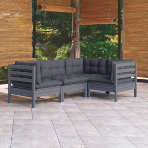 4 Piece Garden Lounge Set with Cushions Grey Pinewood