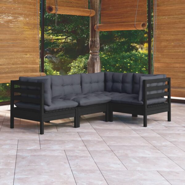 4 Piece Garden Lounge Set with Cushions Black Pinewood