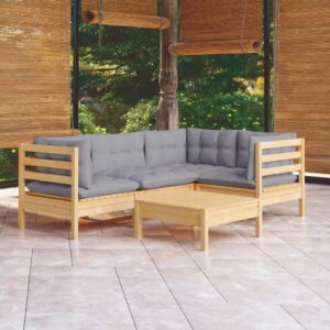 5 Piece Garden Lounge Set with Grey Cushions Pinewood