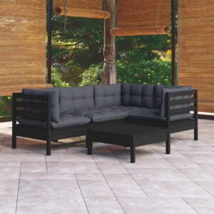 5 Piece Garden Lounge Set with Cushions Black Pinewood