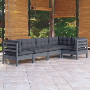 5 Piece Garden Lounge Set with Cushions Grey Pinewood