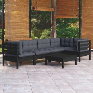 6 Piece Garden Lounge Set with Cushions Black Pinewood