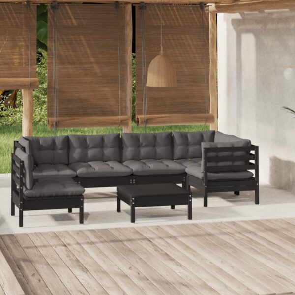 7 Piece Garden Lounge Set with Cushions Black Pinewood