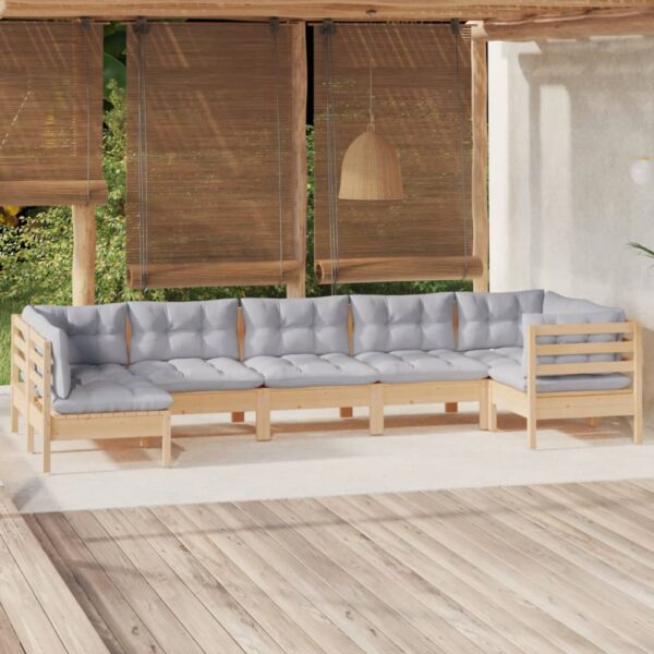 7 Piece Garden Lounge Set with Grey Cushions Pinewood