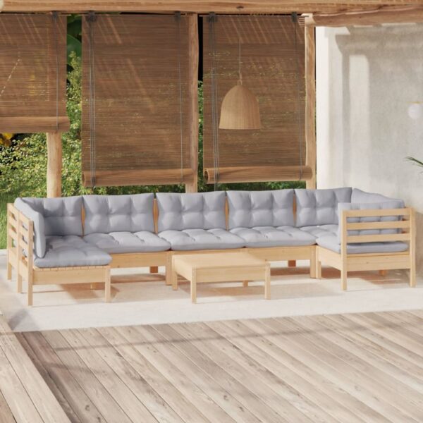 8 Piece Garden Lounge Set with Grey Cushions Pinewood