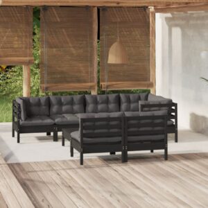 8 Piece Garden Lounge Set with Cushions Black Solid Pinewood