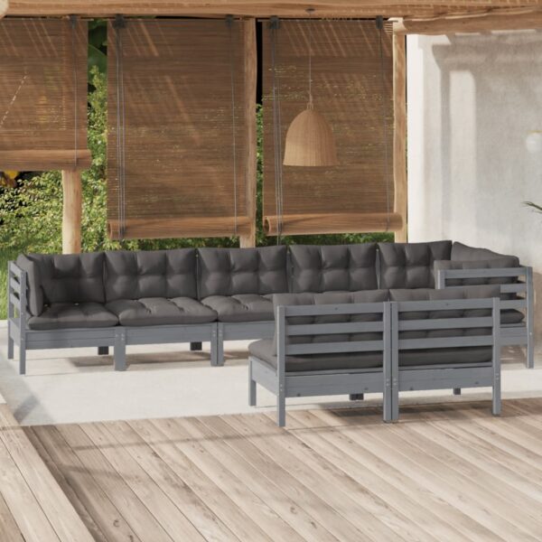 8 Piece Garden Lounge Set with Cushions Grey Solid Pinewood