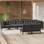 8 Piece Garden Lounge Set with Cushions Black Solid Pinewood