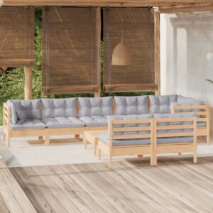 9 Piece Garden Lounge Set with Grey Cushions Solid Pinewood