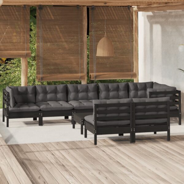 9 Piece Garden Lounge Set with Cushions Black Solid Pinewood