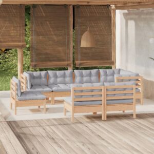 8 Piece Garden Lounge Set with Grey Cushions Solid Pinewood