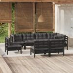 8 Piece Garden Lounge Set with Cushions Black Solid Pinewood