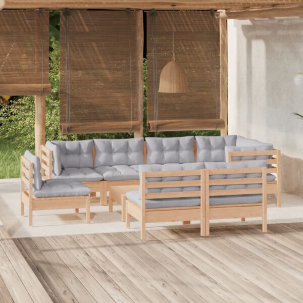 9 Piece Garden Lounge Set with Grey Cushions Solid Pinewood