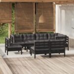 9 Piece Garden Lounge Set with Cushions Black Solid Pinewood