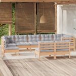 9 Piece Garden Lounge Set with Grey Cushions Solid Pinewood