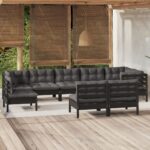 9 Piece Garden Lounge Set with Cushions Black Solid Pinewood