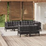 7 Piece Garden Lounge Set with Cushions Black Solid Pinewood