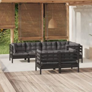 7 Piece Garden Lounge Set with Cushions Black Solid Pinewood