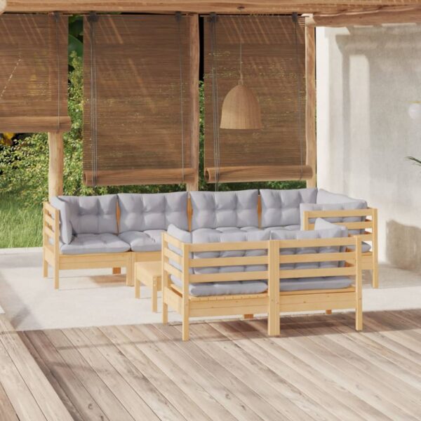 8 Piece Garden Lounge Set with Grey Cushions Solid Pinewood