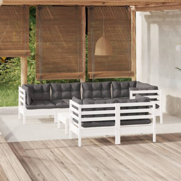 8 Piece Garden Lounge Set with Cushions White Solid Pinewood