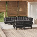 8 Piece Garden Lounge Set with Cushions Black Solid Pinewood