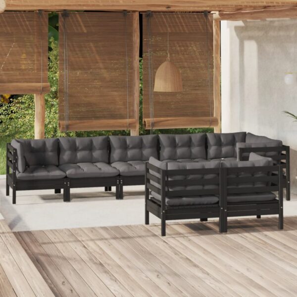 8 Piece Garden Lounge Set with Cushions Black Solid Pinewood