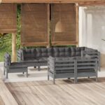 8 Piece Garden Lounge Set with Cushions Grey Solid Pinewood