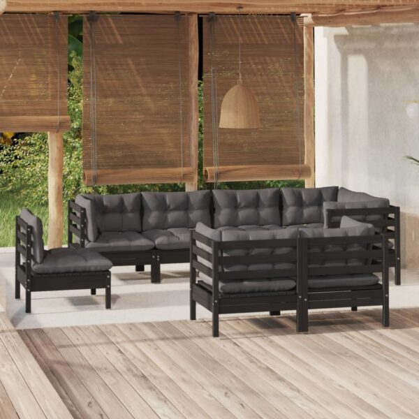 8 Piece Garden Lounge Set with Cushions Black Solid Pinewood