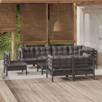 9 Piece Garden Lounge Set with Cushions Black Solid Pinewood