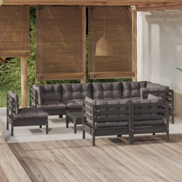 9 Piece Garden Lounge Set with Cushions Black Solid Pinewood