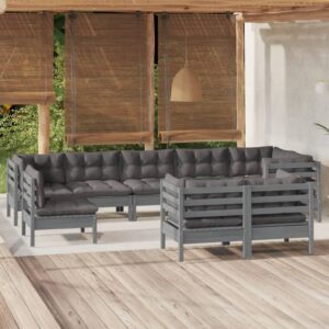 9 Piece Garden Lounge Set with Cushions Grey Solid Pinewood