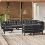 9 Piece Garden Lounge Set with Cushions Black Solid Pinewood