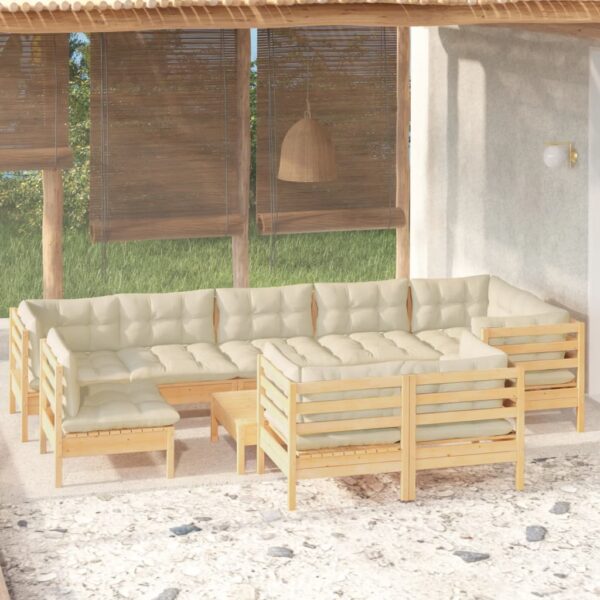 10 Piece Garden Lounge Set with Cream Cushions Solid Pinewood