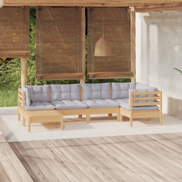 6 Piece Garden Lounge Set with Grey Cushions Solid Pinewood