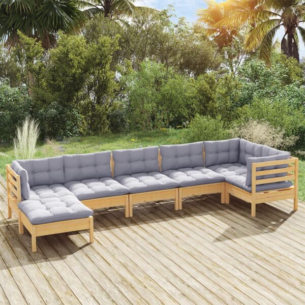 7 Piece Garden Lounge Set with Grey Cushions Solid Pinewood