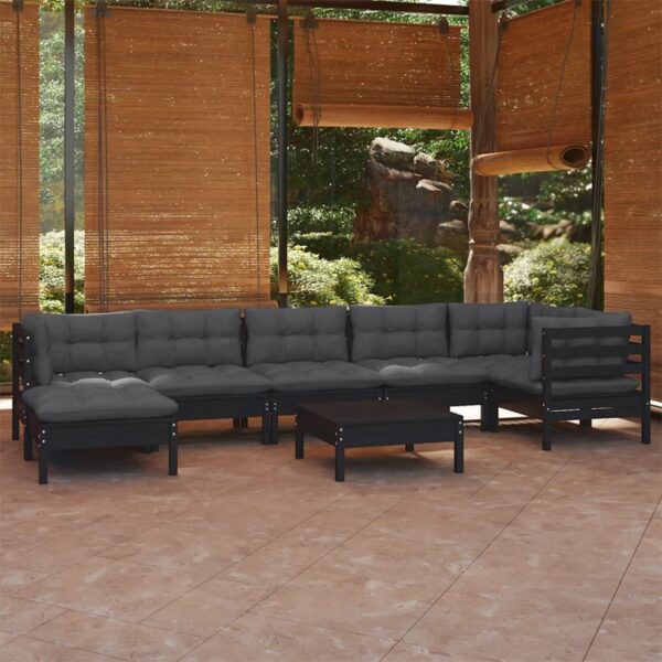 8 Piece Garden Lounge Set with Cushions Black Solid Pinewood