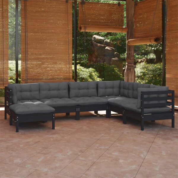 7 Piece Garden Lounge Set with Cushions Black Solid Pinewood