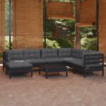 8 Piece Garden Lounge Set with Cushions Black Solid Pinewood