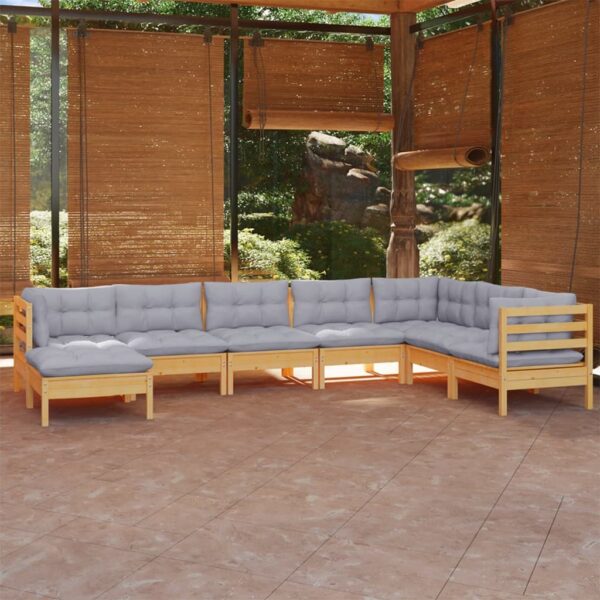 8 Piece Garden Lounge Set with Grey Cushions Solid Pinewood