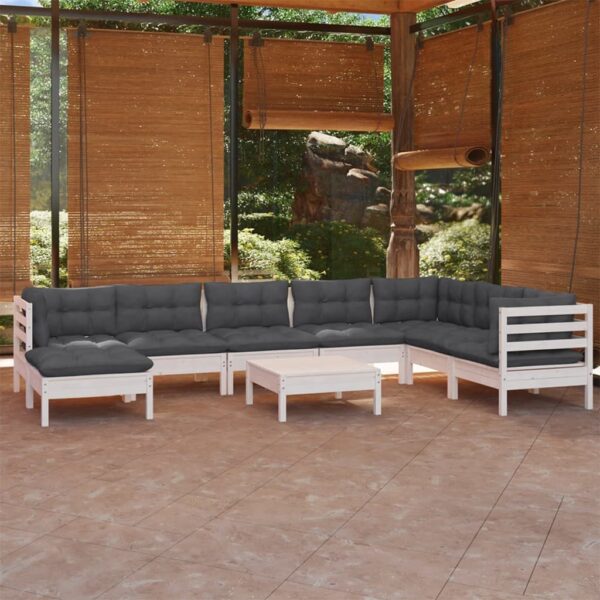 9 Piece Garden Lounge Set with Cushions White Solid Pinewood