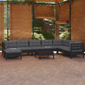 9 Piece Garden Lounge Set with Cushions Black Solid Pinewood