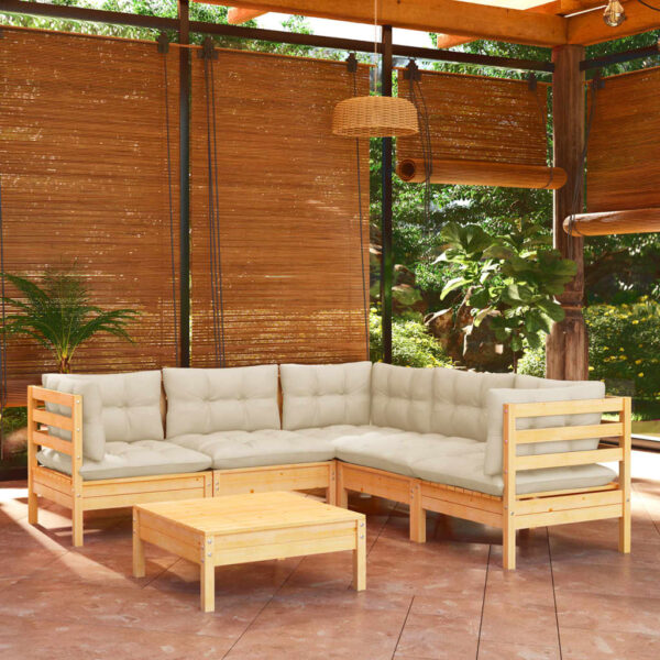 6 Piece Garden Lounge Set with Cream Cushions Solid Pinewood