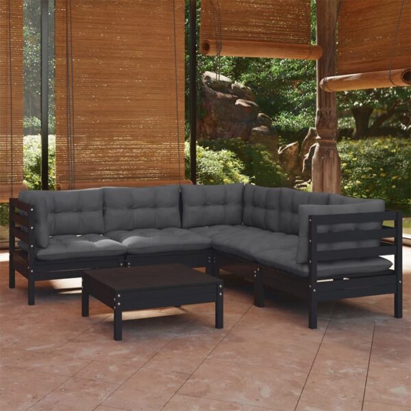 6 Piece Garden Lounge Set with Cushions Black Solid Pinewood