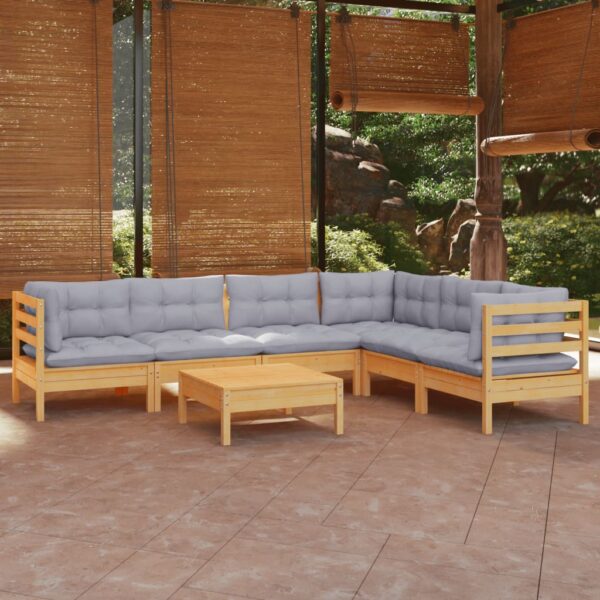 7 Piece Garden Lounge Set with Grey Cushions Solid Pinewood