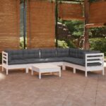 7 Piece Garden Lounge Set with Cushions White Solid Pinewood