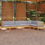 7 Piece Garden Lounge Set with Grey Cushions Solid Pinewood