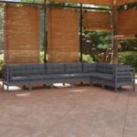 7 Piece Garden Lounge Set with Cushions Grey Solid Pinewood