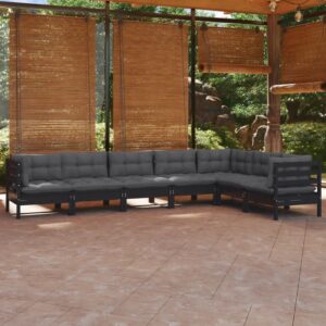 7 Piece Garden Lounge Set with Cushions Black Solid Pinewood