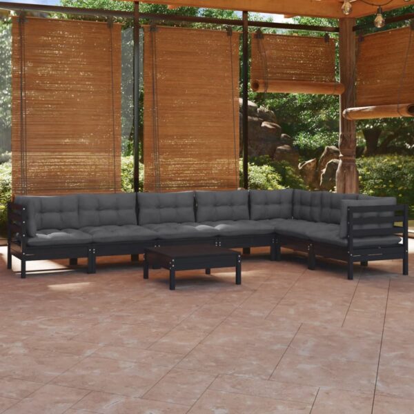 8 Piece Garden Lounge Set with Cushions Black Solid Pinewood